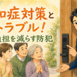 玄関で介護に悩むご家族に電子錠の仕組みを優しく説明し、安心させている正直な鍵屋たこやきのイラスト。画像内に「認知症対策と鍵トラブル！介護負担を減らす防犯」と文字が入っている