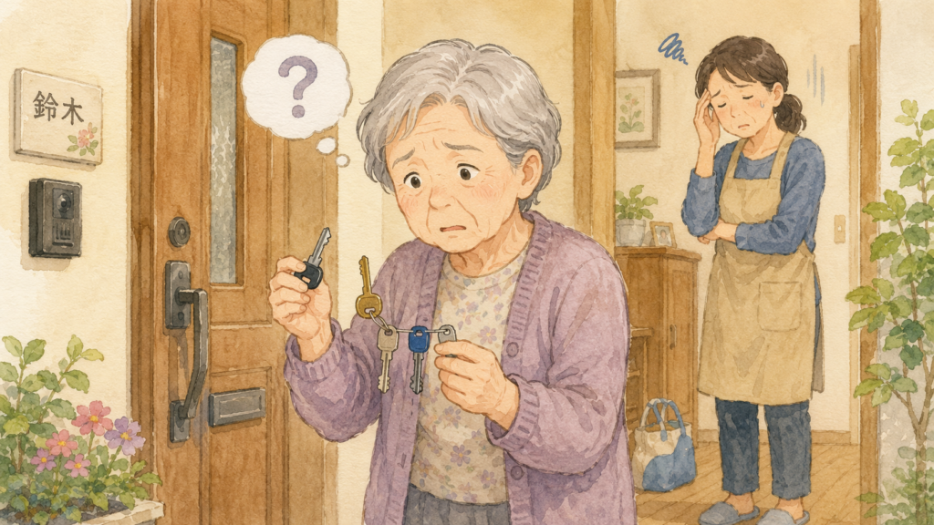 どの鍵が家のものか分からなくなって混乱している高齢者と、その後ろで疲れ切って心配しているご家族のイラスト