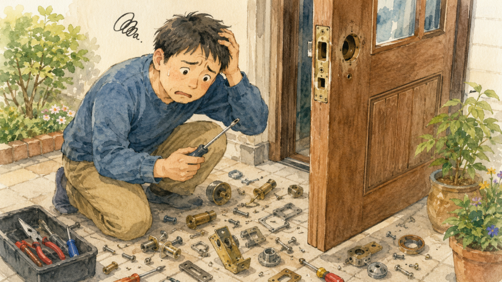 玄関の鍵をDIYで交換しようとして分解したものの、元に戻せなくなって頭を抱えている人のイラスト