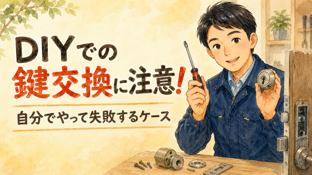 DIYでの鍵交換の注意点を説明する正直な鍵屋たこやきのイラスト。画像内に「DIYでの鍵交換に注意!自分でやって失敗するケース」と文字が入っている