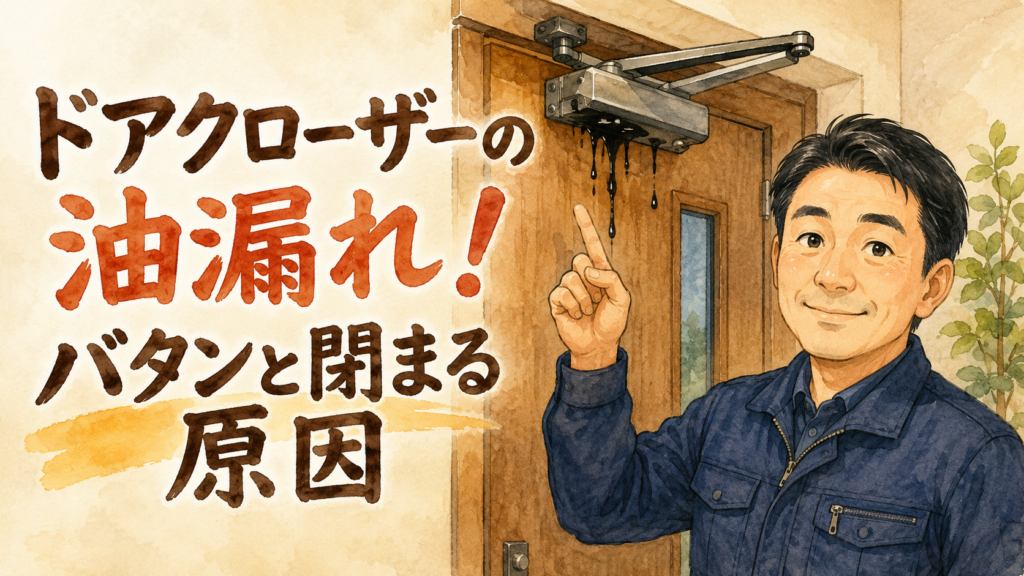 玄関ドアの上で黒い油が漏れているドアクローザーを指差して解説する正直な鍵屋たこやきのイラスト。画像内に「ドアクローザーの油漏れ！バタンと閉まる原因」と文字が入っている