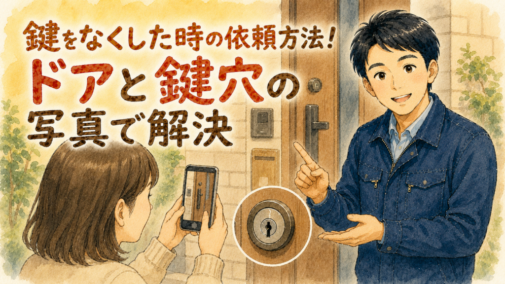 お客様にスマホでドアと鍵穴の写真を撮る方法を優しく教える正直な鍵屋たこやきのイラスト。画像内に「鍵をなくした時の依頼方法!ドアと鍵穴の写真で解決」と文字が入っている
