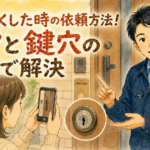 お客様にスマホでドアと鍵穴の写真を撮る方法を優しく教える正直な鍵屋たこやきのイラスト。画像内に「鍵をなくした時の依頼方法！ドアと鍵穴の写真で解決」と文字が入っている