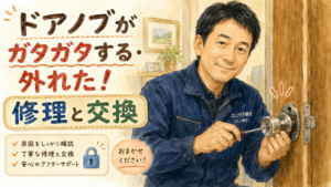 ガタガタするドアノブをドライバーで修理して微笑む正直な鍵屋たこやきのイラスト。画像内に「ドアノブがガタガタする・外れた！修理と交換」と文字が入っている