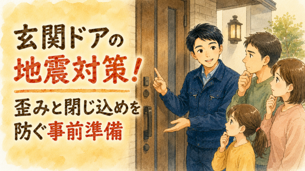 心配する家族に玄関ドアの地震対策を優しく説明する正直な鍵屋たこやきのイラスト。画像内に「玄関ドアの地震対策!歪みと閉じ込めを防ぐ事前準備」と文字が入っている