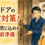 心配する家族に玄関ドアの地震対策を優しく説明する正直な鍵屋たこやきのイラスト。画像内に「玄関ドアの地震対策！歪みと閉じ込めを防ぐ事前準備」と文字が入っている