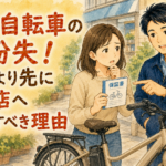 電動自転車の鍵をなくした持ち主に、まずは保証書を確認するよう優しくアドバイスする正直な鍵屋たこやきのイラスト。画像内に「電動自転車の鍵紛失！鍵屋より先に購入店へ相談すべき理由」と文字が入っている