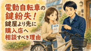 電動自転車の鍵をなくした持ち主に、まずは保証書を確認するよう優しくアドバイスする正直な鍵屋たこやきのイラスト。画像内に「電動自転車の鍵紛失！鍵屋より先に購入店へ相談すべき理由」と文字が入っている