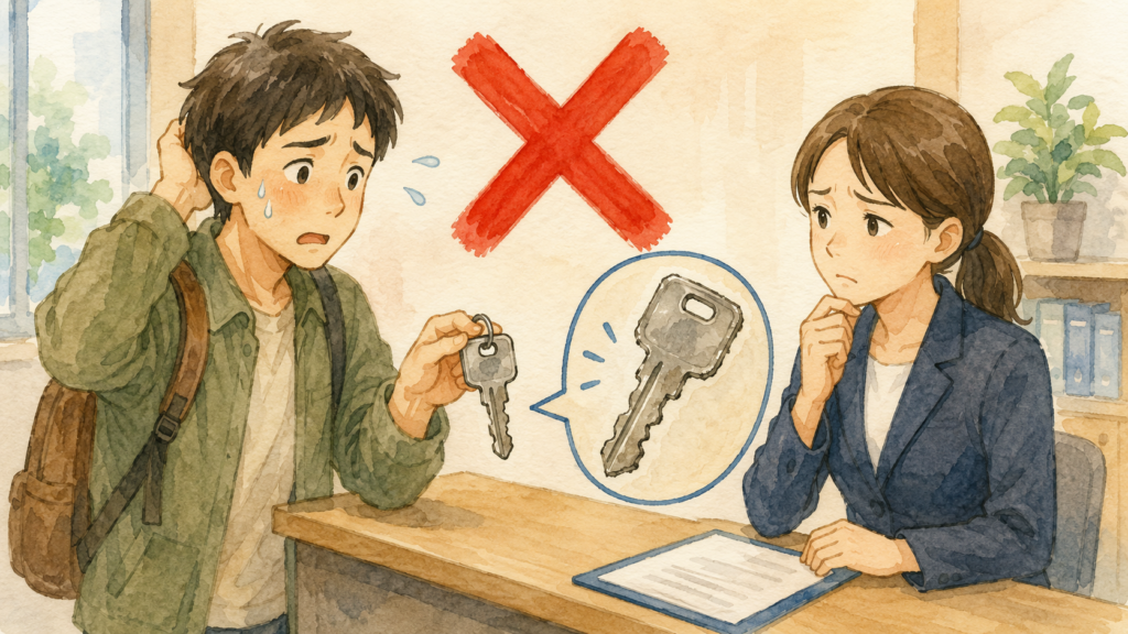 退去時に純正キーではなく、新しく作った合鍵をこっそり不動産屋に渡そうとしている危険なイラスト