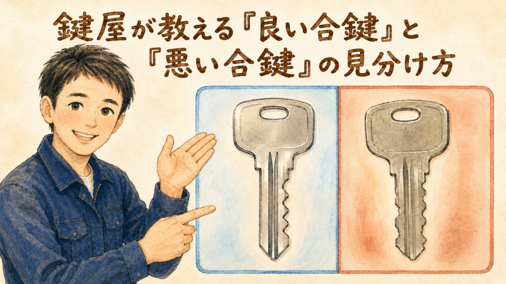 良い合鍵と悪い合鍵の見分け方を優しく教えてくれる正直な鍵屋たこやきのイラスト。画像内に「鍵屋が教える良い合鍵と悪い合鍵の見分け方」と文字が入っている