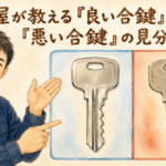 良い合鍵と悪い合鍵の見分け方を優しく教えてくれる正直な鍵屋たこやきのイラスト。画像内に「鍵屋が教える良い合鍵と悪い合鍵の見分け方」と文字が入っている