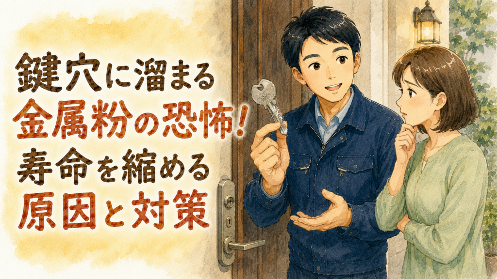 削れた金属粉がついた鍵を見せて危険性を優しく説明する正直な鍵屋たこやきのイラスト。画像内に「鍵穴に溜まる金属粉の恐怖!寿命を縮める原因と対策」と文字が入っている
