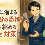削れた金属粉がついた鍵を見せて危険性を優しく説明する正直な鍵屋たこやきのイラスト。画像内に「鍵穴に溜まる金属粉の恐怖！寿命を縮める原因と対策」と文字が入っている
