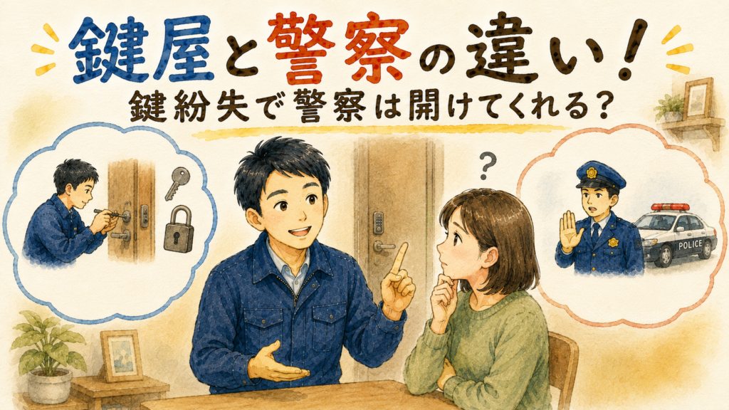 鍵屋と警察の違いを困っているお客さんに優しく説明する正直な鍵屋たこやきのイラスト。画像内に「鍵屋と警察の違い!鍵紛失で警察は開けてくれる?」と文字が入っている