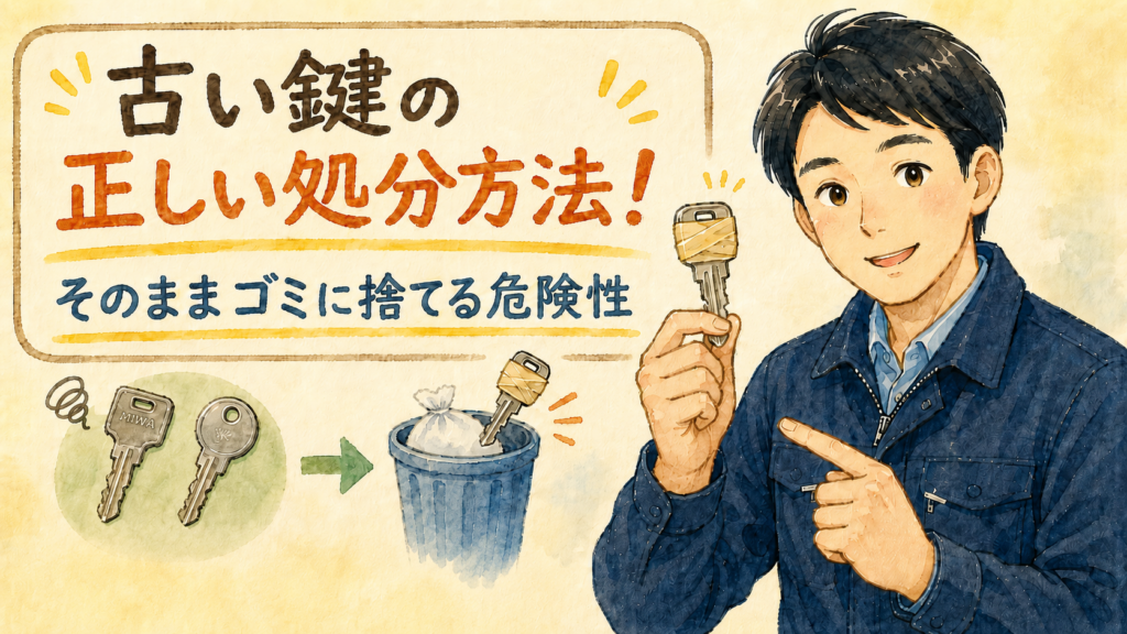 古い鍵の番号をテープで隠して安全に処分する方法を説明する正直な鍵屋たこやきのイラスト。画像内に「古い鍵の正しい処分方法！そのままゴミに捨てる危険性」と文字が入っている
