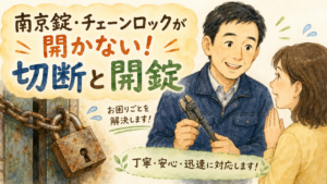 サビた南京錠やチェーンロックで困っている人に、専用工具を持って安心するよう微笑みかける正直な鍵屋たこやきのイラスト。画像内に「南京錠・チェーンロックが開かない！切断と開錠」と文字が入っている