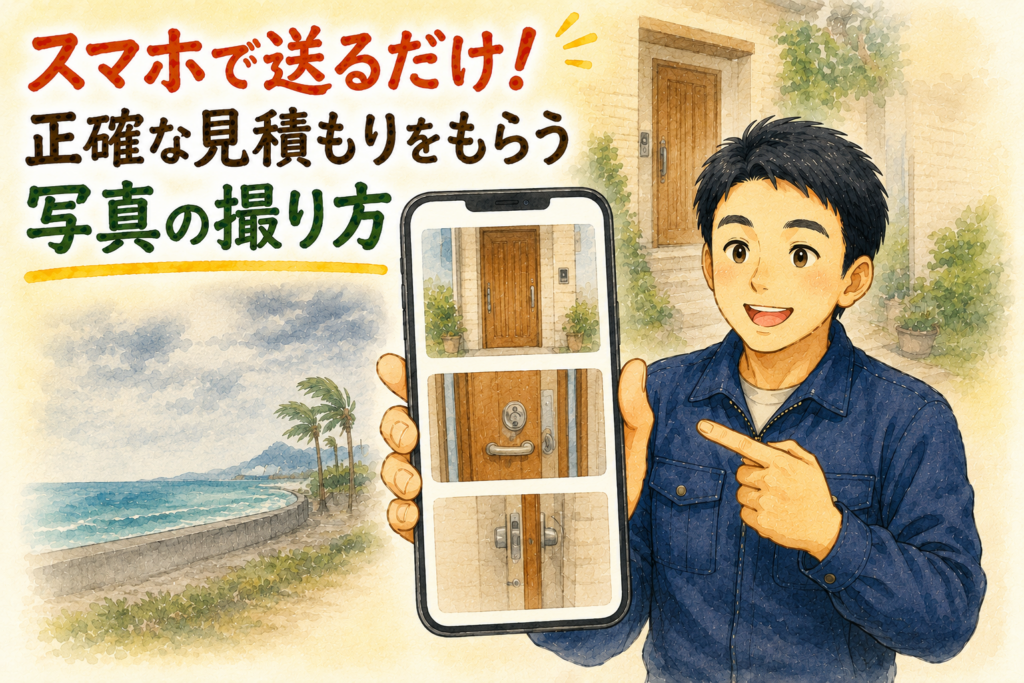 正確な見積もりを出すためのドアの写真の撮り方をスマホ画面で見せて優しく説明する、正直な鍵屋たこやきのイラスト。画像内に「スマホで送るだけ!正確な見積もりをもらう写真の撮り方」と文字が入っている