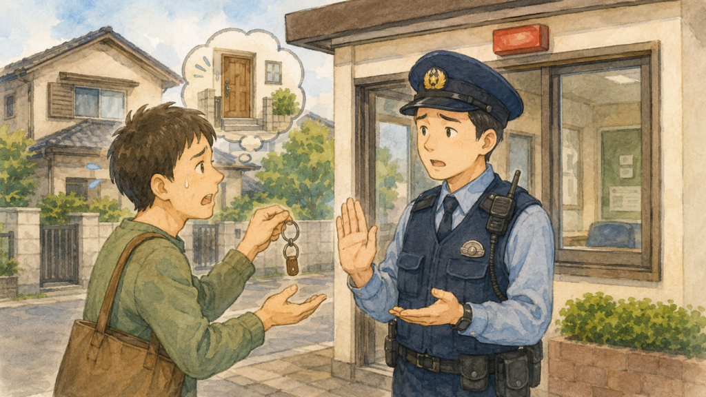 交番の前で警察官に家の鍵を開けてほしいと頼み、道具がないため優しく断られている人のイラスト