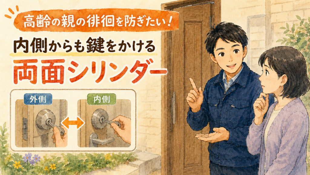 玄関で介護に悩むご家族に両面シリンダーの仕組みを優しく説明する、正直な鍵屋たこやきのイラスト。画像内に「高齢の親の徘徊を防ぎたい!内側からも鍵をかける両面シリンダー」と文字が入っている