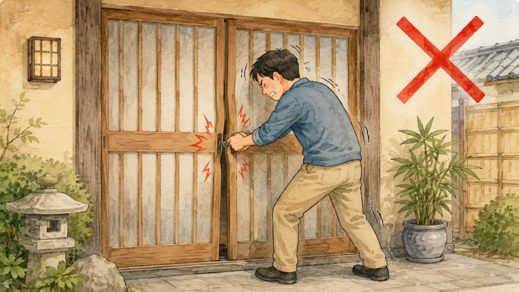 ズレて固くなった引き戸の鍵のつまみを、力任せに無理やり押し込んで閉めようとしている危険なイラスト