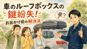 車のルーフボックスの前でパニックになっている家族を落ち着かせる正直な鍵屋たこやきのイラスト。画像内に「車のルーフボックスの鍵紛失！お出かけ前の解決法」と文字が入っている