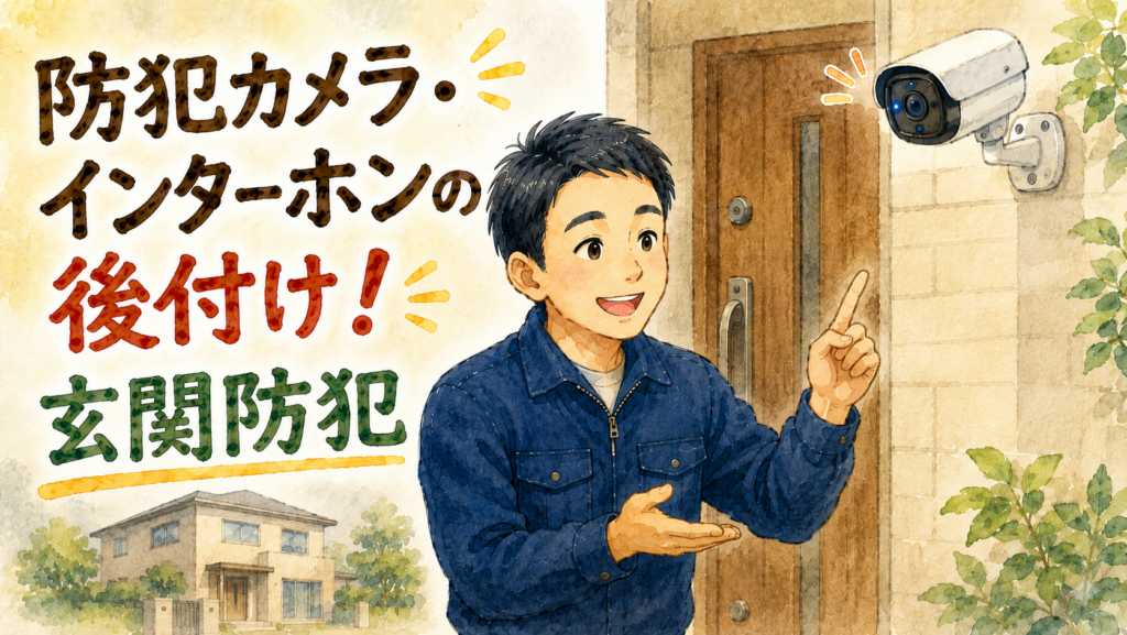玄関ドアの横で最新の録画付きインターホンと防犯カメラを紹介する、正直な鍵屋たこやきのイラスト。画像内に「防犯カメラ・インターホンの後付け!玄関防犯」と文字が入っている