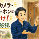 玄関ドアの横で最新の録画付きインターホンと防犯カメラを紹介する、正直な鍵屋たこやきのイラスト。画像内に「防犯カメラ・インターホンの後付け！玄関防犯」と文字が入っている