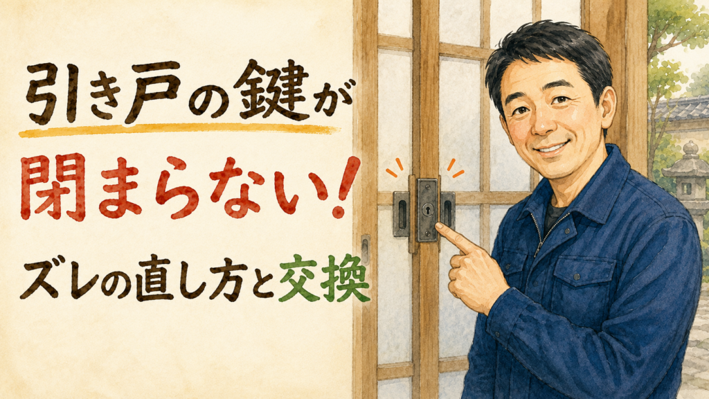 玄関の引き戸の真ん中にある鍵を指差して、ズレの直し方を解説する正直な鍵屋たこやきのイラスト。画像内に「引き戸の鍵が閉まらない！ズレの直し方と交換」と文字が入っている