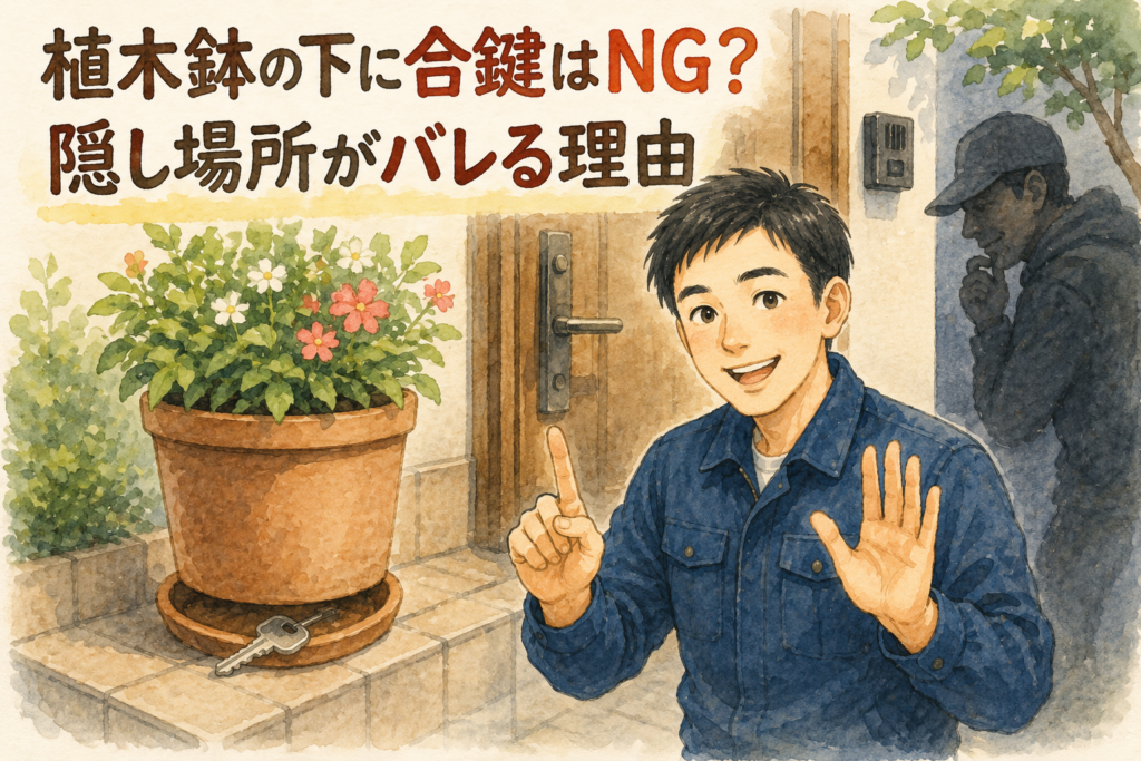 玄関の植木鉢の下に合鍵を隠す危険性を説明する正直な鍵屋たこやきのイラスト。画像内に「植木鉢の下に合鍵はNG?隠し場所がバレる理由」と文字が入っている