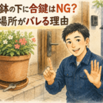 玄関の植木鉢の下に合鍵を隠す危険性を説明する正直な鍵屋たこやきのイラスト。画像内に「植木鉢の下に合鍵はNG？隠し場所がバレる理由」と文字が入っている