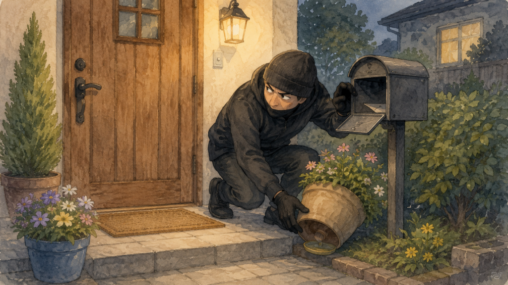 玄関前の植木鉢の下やポストの中を探って合鍵を見つけようとしている泥棒のイラスト