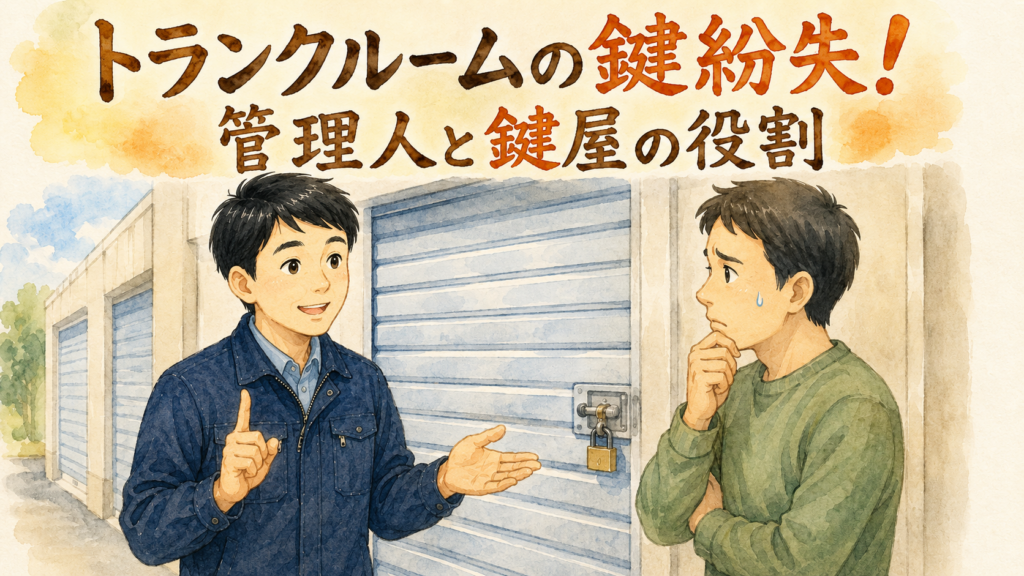 トランクルームのドアの前で困っているお客さんに、貸し倉庫のルールを優しく説明する正直な鍵屋たこやきのイラスト。画像内に「トランクルームの鍵紛失!管理人と鍵屋の役割」と文字が入っている