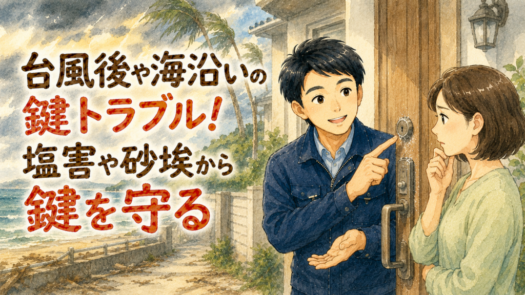 台風後や海沿いの鍵のメンテナンス方法を優しく説明する正直な鍵屋たこやきのイラスト。画像内に「台風後や海沿いの鍵トラブル!塩害や砂埃から鍵を守る」と文字が入っている