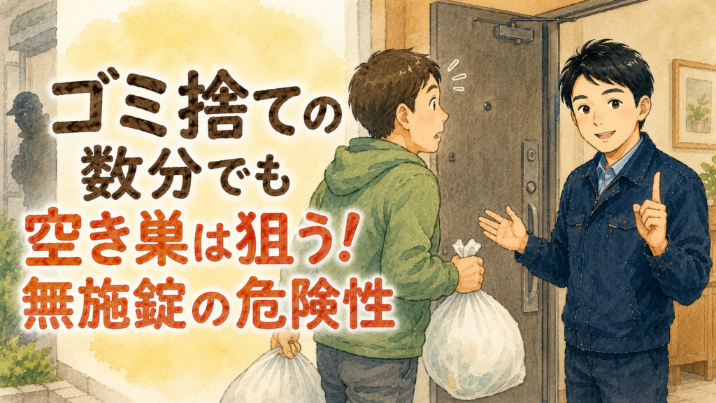 ゴミ捨てに行く人に戸締まりの重要性を優しく注意する正直な鍵屋たこやきのイラスト。画像内に「ゴミ捨ての数分でも空き巣は狙う！無施錠の危険性」と文字が入っている