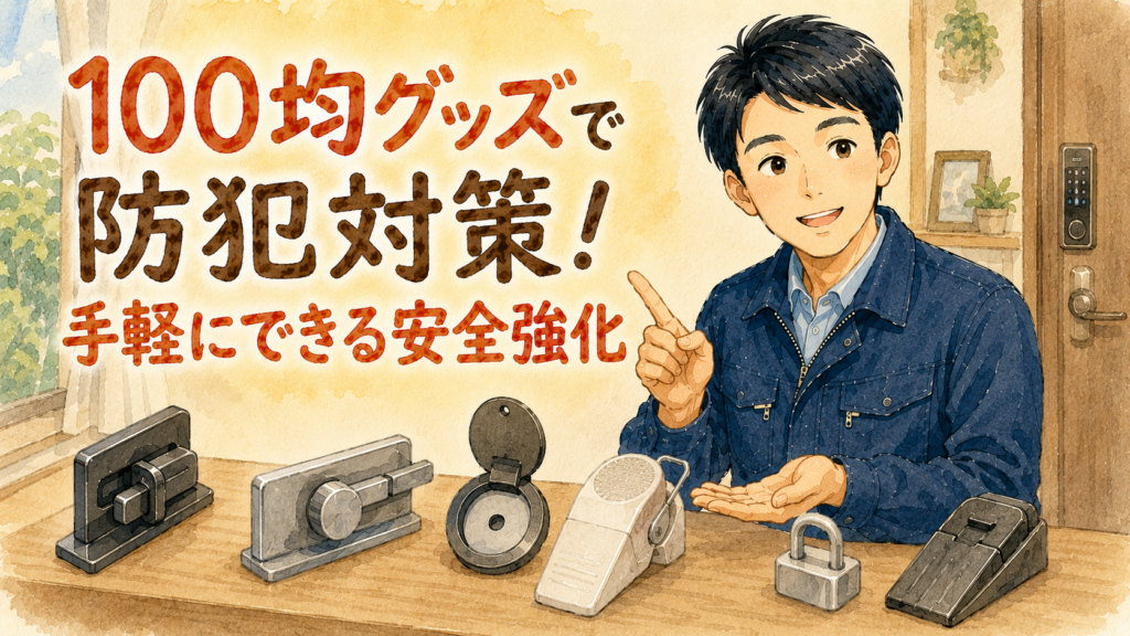100円ショップで買える手軽な防犯グッズを紹介する、正直な鍵屋たこやきのイラスト。画像内に「100均グッズで防犯対策!手軽にできる安全強化」と文字が入っている
