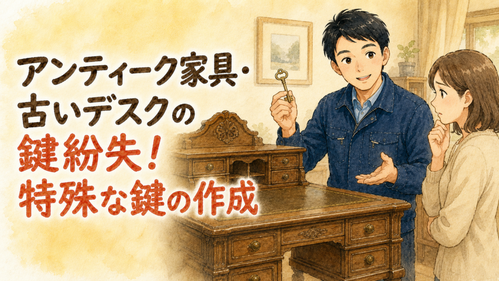 アンティークの木製デスクを調べながらレトロな鍵を持つ、正直な鍵屋たこやきのイラスト。画像内に「アンティーク家具・古いデスクの鍵紛失！特殊な鍵の作成」と文字が入っている
