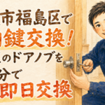 お家の廊下で、室内のドアノブをドライバーなどの専門工具を使って新しい鍵へ交換している作業員 「 大阪市福島区 室内鍵交換 」