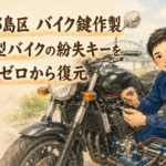 駐輪場で中型バイクの横にしゃがみ、専用工具で鍵を作製している作業員 「 大阪市都島区 バイク鍵作製 」