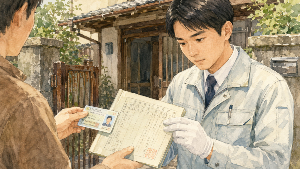 古い家の前で、お客さんが提示した身分証明書や戸籍謄本などの書類を丁寧に確認しているイラスト