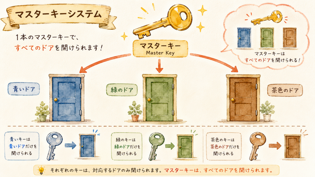 1本のマスターキーが3つの違うドアをすべて開けられる仕組みを分かりやすく描いたイラスト