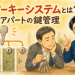 重い鍵束を持った管理人にマスターキーシステムの便利さを優しく説明する正直な鍵屋たこやきのイラスト。画像内に「マスターキーシステムとは？会社やアパートの鍵管理」と文字が入っている