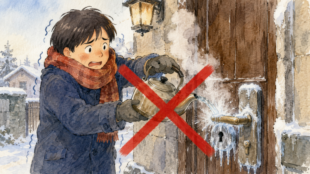 凍結した鍵穴に向かって、焦ってヤカンから熱湯をかけている危険なNG行動のイラスト