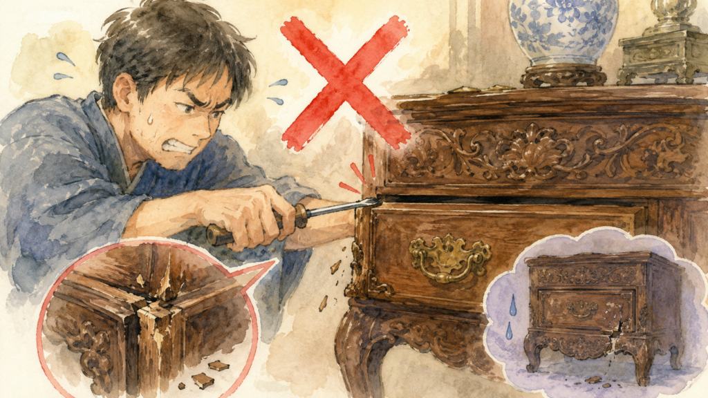 繊細な彫刻が施されたアンティーク家具の引き出しを、マイナスドライバーで無理やりこじ開けようとしている危険なイラスト