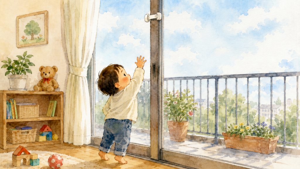 好奇心旺盛な小さな子供がベランダの窓を開けようとしているが、高い位置にあるチャイルドロックのおかげで開かない安全なイラスト