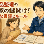 遺族の方に空き家の鍵開けに必要な書類を優しく説明する正直な鍵屋たこやきのイラスト。画像内に「遺品整理や空き家の鍵開け！必要な書類とルール」と文字が入っている