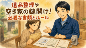 遺族の方に空き家の鍵開けに必要な書類を優しく説明する正直な鍵屋たこやきのイラスト。画像内に「遺品整理や空き家の鍵開け！必要な書類とルール」と文字が入っている
