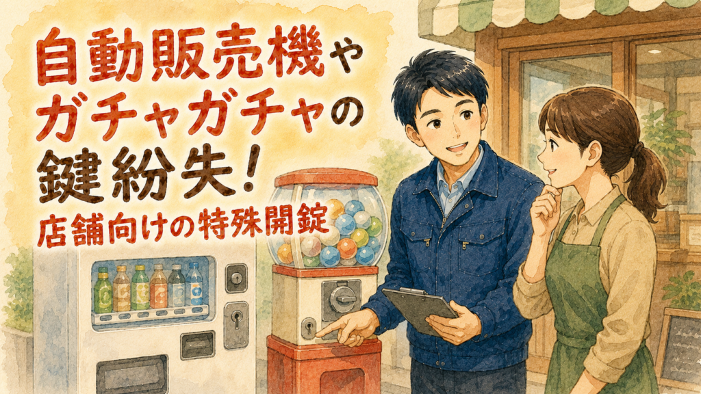 自動販売機やガチャガチャの鍵穴を確認する正直な鍵屋たこやきのイラスト。画像内に「自動販売機やガチャガチャの鍵紛失!店舗向けの特殊開錠」と文字が入っている