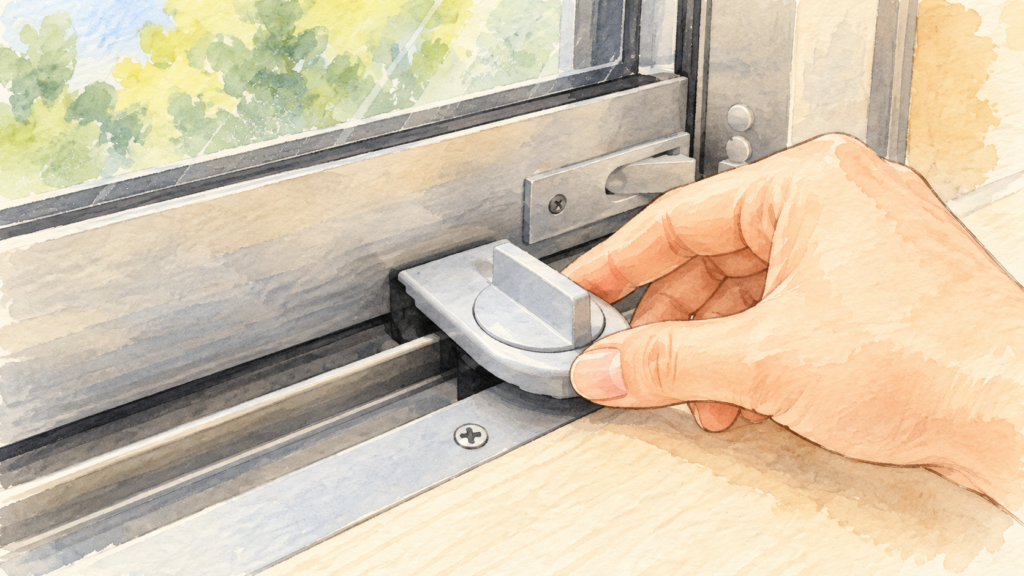 窓のサッシに小さな補助錠を簡単に取り付けている、手軽な防犯対策のイラスト