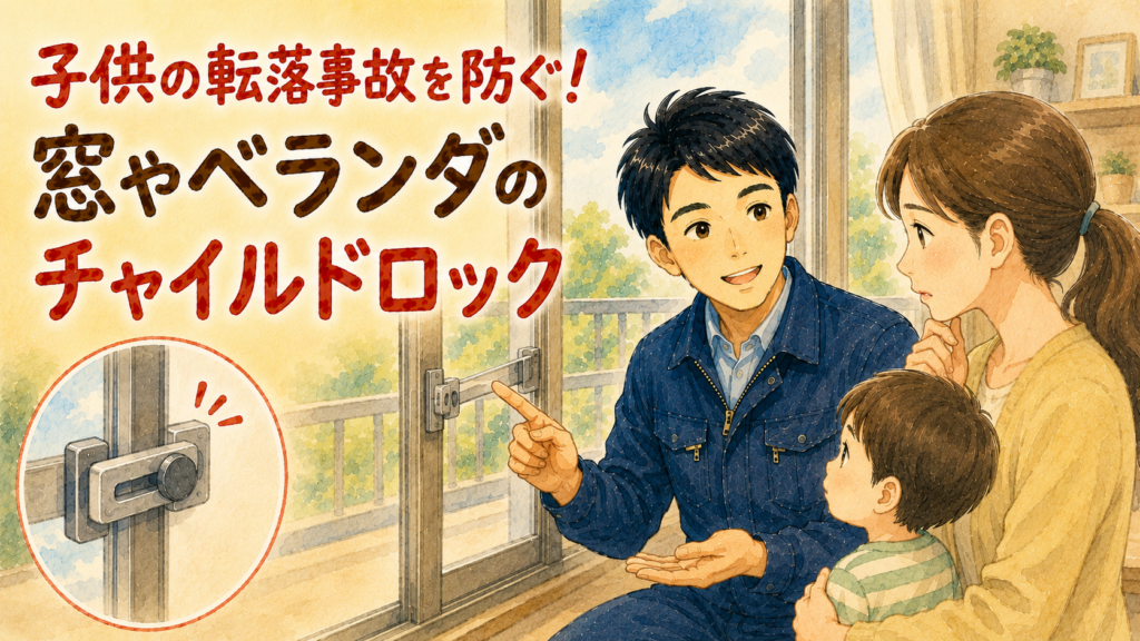 心配するお母さんに窓用のチャイルドロックを優しく説明する正直な鍵屋たこやきのイラスト。画像内に「子供の転落事故を防ぐ!窓やベランダのチャイルドロック」と文字が入っている
