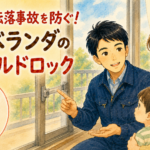心配するお母さんに窓用のチャイルドロックを優しく説明する正直な鍵屋たこやきのイラスト。画像内に「子供の転落事故を防ぐ！窓やベランダのチャイルドロック」と文字が入っている